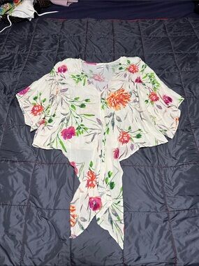 By Together White Floral Tie-Front Blouse with Pink & Orange Blooms